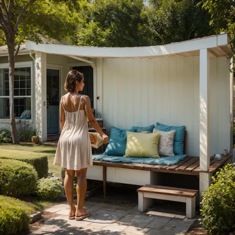 WoMan doing the laundry on the backyard. A woman wearing tiny sundress revealing buttcheeks on head sitted on a lounge chair reading a magazine smoking cigarette on the porch. Dog sitting on the window bay. clothesline, hangers, laundry basket, faucet, bas...