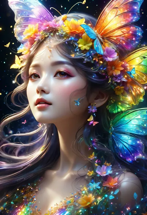 暗闇の中を羽ばたくbutterfly々shine、As beautiful as a dream、It touches my heart.,butterfly々:Rainbow-colored:seven colors:luminescence:shine,dark background,flash,とてもflash,masterpiece,最高masterpiece,best configuration,beautiful sight,dream-like,優しくshinebutterfly々,grace...