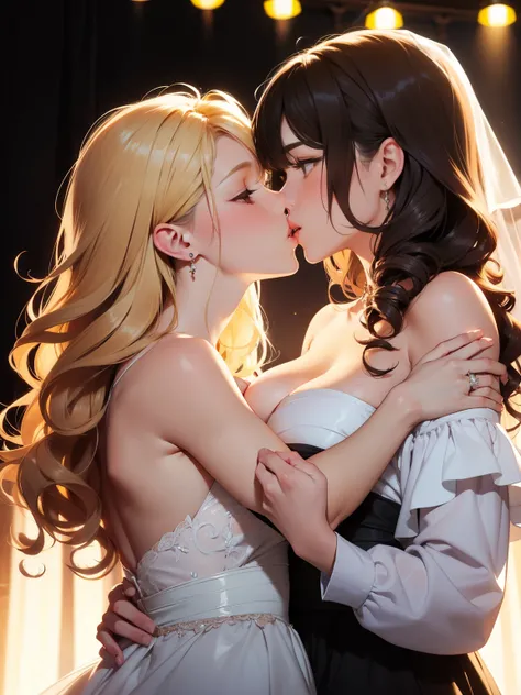 Female couple kissing naked woman in wedding dress on wedding stage, (SFW) Work, kissing together cutely, Girl Love Art, OPPEIN, Side milk, Slightly saggy big breasts, small breasts, (((Extra long yellow curly hair))), (((Straight hair with brown bangs on ...