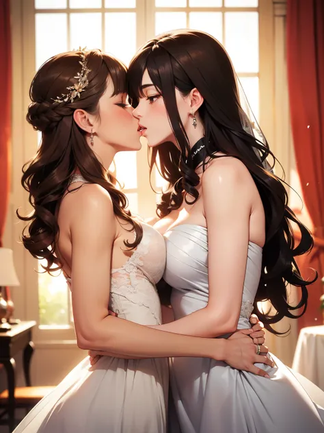 Female couple kissing naked woman in wedding dress on wedding stage, (SFW) Work, kissing together cutely, Girl Love Art, OPPEIN, Side milk, Slightly saggy big breasts, small breasts, (((Extra long yellow curly hair))), (((Straight hair with brown bangs on ...