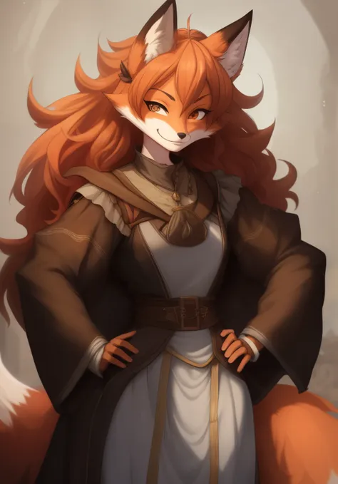 Best quality, Super detailed illustration, (fox girl:1.4), High, stately, fluffy fur, disheveled thick hair, bandit clothing in the Middle Ages, smug smile, half-closed eyes ,small waist, wide hips, slim, perfect body, style &quot;DND&quot;, I&#39;m god he...