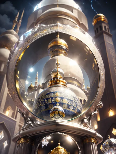 Ultra-realistic, 16K high resolution, (Max Sharp Focus: 1.3), (Max Close-up: 0.5), (amazing mosque cover with silver and gold inside a crystal perfect ball with pedestal: 1.7), ( mosque, moonnight , lightning, fantastic fog: 1.3),