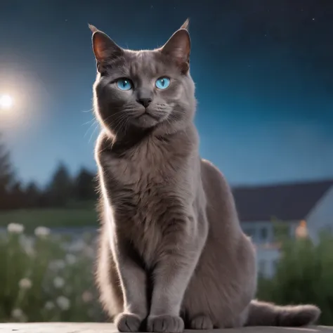 (dark gray cat with aqua marine blue light eyes ),3D rendered,UHD 8K,Silly Goofy,Dopy melancholy, sitting on a front porch of a modern country house with a nearby flower field in during spring time, detailed fur,playful eyes,whiskers,moonlight,sparkling st...