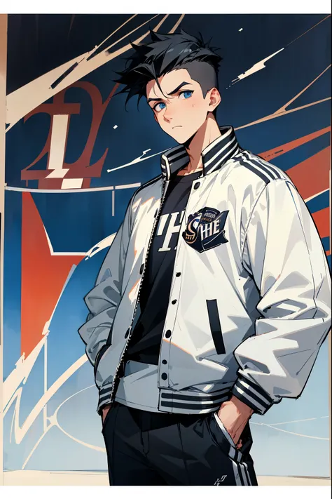 1male, black hair, modern undercut hair, blue eyes, white undershirt, basketball court background, detailed background, expressionless, black and white clothing, hands in pockets, (((letterman jacket)))