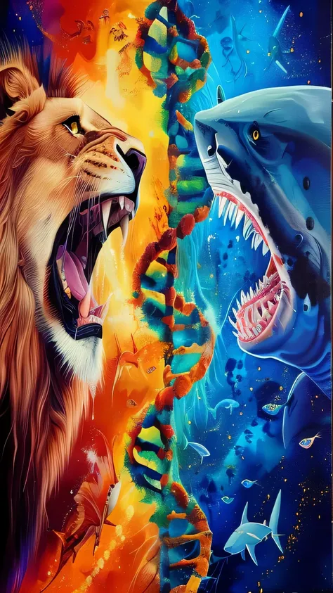 painting of a lion and a shark with dna in the background, You are wrong, Inspired by Joe Jasko, evolution, amazing depth, fantasy, Justin Gerrard, dna, The original, Whitney Sherman, airbrushed artwork, Wayne England, detailed airbrush art, by Jenny Bowke...