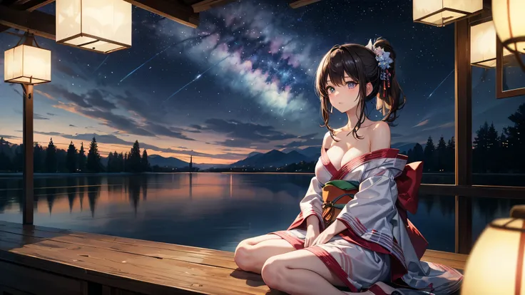 Highly detailed images of the highest quality are created in 8K resolution with HDR and perfect lighting.、shows perfect anatomy。cute girl alone、Wearing a colorful yukata、sitting with shoulders exposed、I can see the cleavage。Playing guitar with beautiful de...