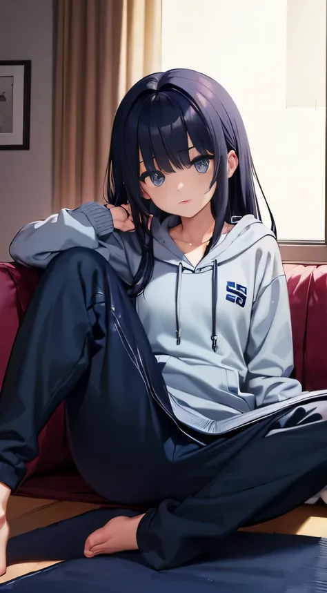 highest quality、bullish look、high school girl、(((dark blue slanted eyes)))、Tsuri eyebrows、dark blue long hair、grated bangs、Rough loungewear、gray hoodie、leggings、sitting pose、expensive、my room