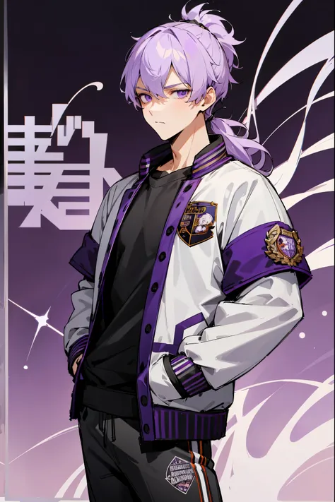 1male, light purple hair, pony tail, purple eyes, black undershirt, basketball court background, detailed background, expressionless, black and pruple clothing, hands in pockets, (((letterman jacket)))