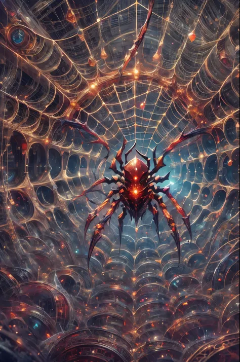 vibrant colors, intricate web, detailed spider legs, shimmering eyes, mysterious atmosphere, fantasy art style, dramatic lighting, surreal beauty, enchanting background, captivating composition, immersive experience,