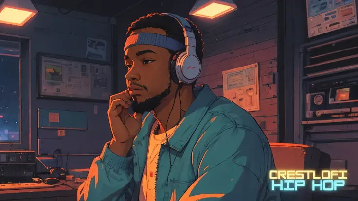 cartoon of a man with headphones sitting in front of a computer, lofi hip hop, lofi artstyle, lofi art, lofi portrait, lo-fi illustration style, chillhop, lofi vibes, inspired by Liam Wong, hip hop aesthetic, lo-fi art, lofi vibe, lofi feel, lofi, lo fi, l...