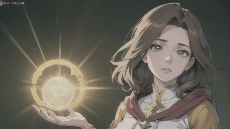 ((Melhor qualidade)), ((obra de arte)), (detalhado), rosto perfeito
a girl with short, wavy brown hair wearing a cleric outfit with green details and a hood, with a divine orb of light covering her face. webtoon style, anime