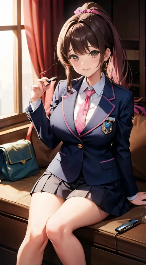 expensiveest quality、expensive school girl、((droopy eyes))、light brown hair、expensive ponytail、grated bangs、clothed big breasts、(broad shoulders)、navy blue blazer、expensive 、(((pink nails)))、expensive、smile、glossy lips、1 earring、skirt、dark blue socks