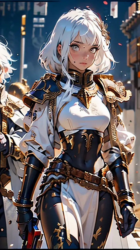 Warhammer girl, walking (walking towards the camera), black armor, sister of battle, white hair, camera from below, epic shot, 