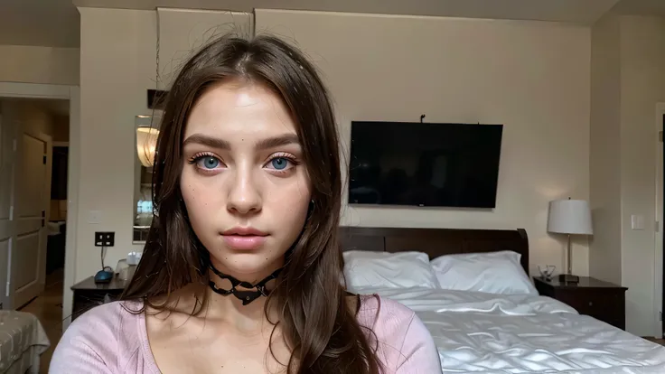 A woman with pink clothes, blue eyes, portrait sophie mudd, long dark straight hair and large eyes, selfie of a young woman, bedroom eyes, violet myers, without makeup, natural makeup, looking directly at the camera, face with artgram, subtle makeup, stunn...