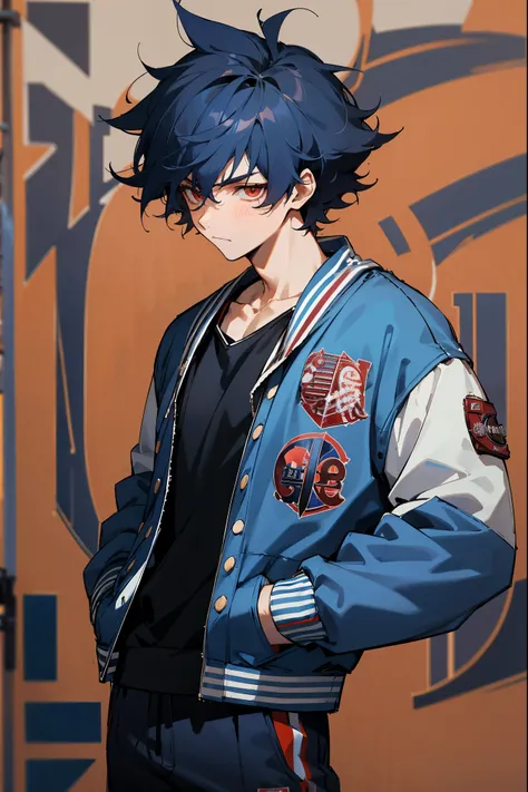 1male, dark blue hair, messy hair, red eyes, white tanktop, basketball court background, detailed background, expressionless, black and blue clothing, hands in pockets, (((letterman jacket)))