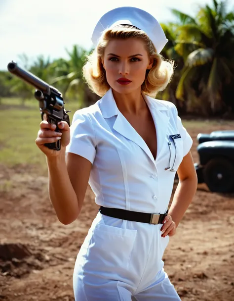 cinematic film still of  in the 1980's in miami a woman in a white nurse uniform bodysuit holding a ww2 gun,1girl,solo,breasts,b...