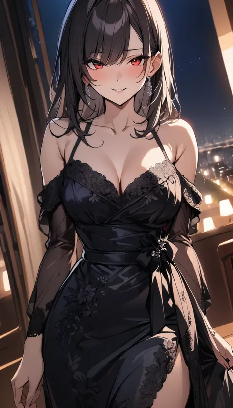 1girl, looking at viewer, (smirk:0.7), mature body, red eyes, (close up), (cowboy shot:0.7), beautiful party dress, black lace dress, (long) dress, (off-shoulders), sleeves, floral lace, night scenery, masterpiece, best quality