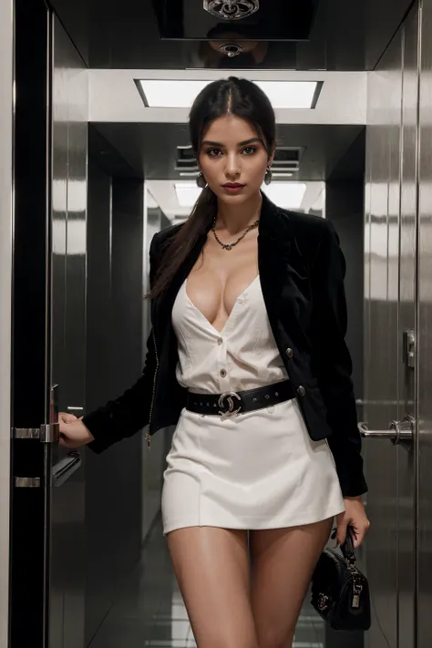 Italian girl 25 years old, beautiful, wonderful, in the luxury elevator in the mirror, alone, 1 girl, real, very high resolution, 8k, black velvet jacket, luxury, fabulous body, closed white shirt, sensual, provocative, black skirt, earrings , red lipstick...