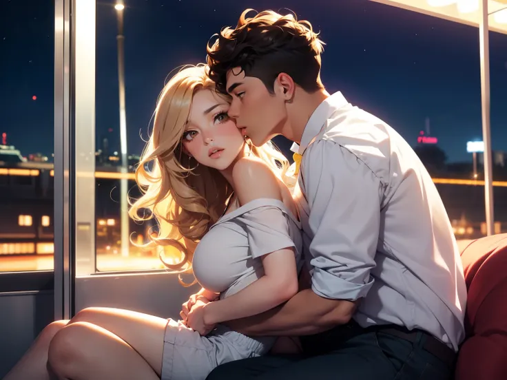 Female couple sitting in the Ferris wheel in the amusement park at night. The bare-backed woman and the woman wearing a white shirt are kissing, (SFW) Work, kissing together cutely, Girl Love Art, OPPEIN, Side milk, Slightly saggy big breasts, small breast...