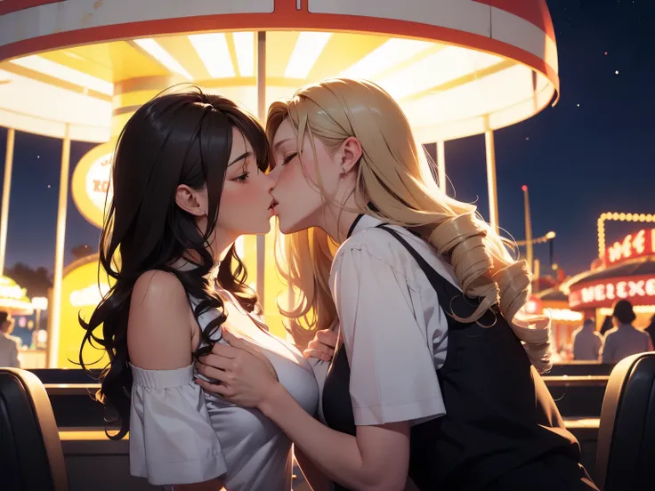 Female couple sitting in the Ferris wheel in the amusement park at night. The bare-backed woman and the woman wearing a white shirt are kissing, (SFW) Work, kissing together cutely, Girl Love Art, OPPEIN, Side milk, Slightly saggy big breasts, small breast...