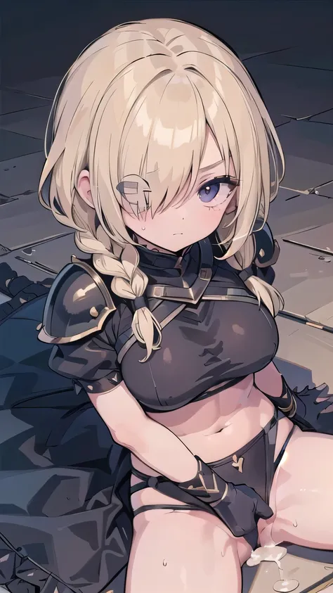 (masterpiece:1.2), (highest quality:1.2), perfect eyes, perfect face, perfect lighting, desert big breasts (dark knight armor),black bikini armor, nsfw,　, 1 boy,blonde　red eye, ((((((hair over one eye,)))))), single braid, side braid, spike hair, dull bang...