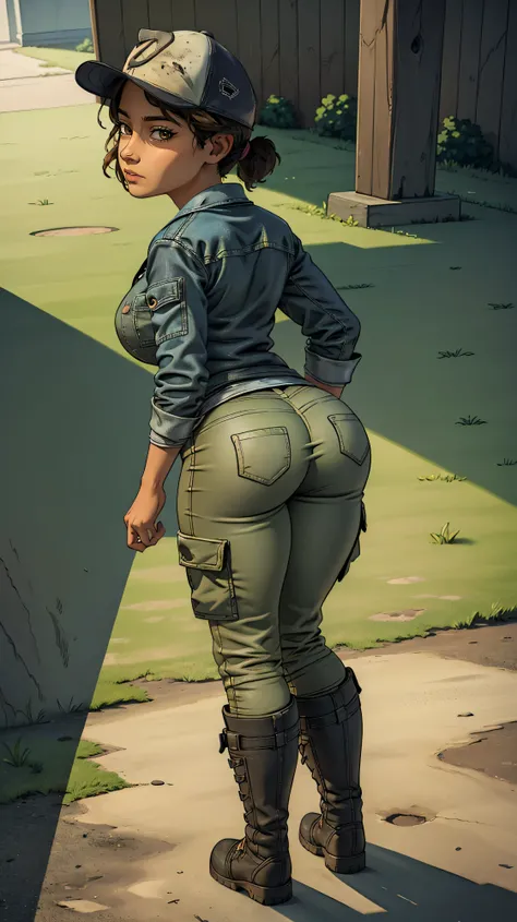 ((masterpiece, best quality)),(complex lighting) ,solo,(((1girl))) ,clementine, light skin,light-skinned female, baseball cap, green cargo pants, brown eyes, tight pants, combat boots, shirt, short hair, one short ponytail, open denim jacket, huge butt, th...