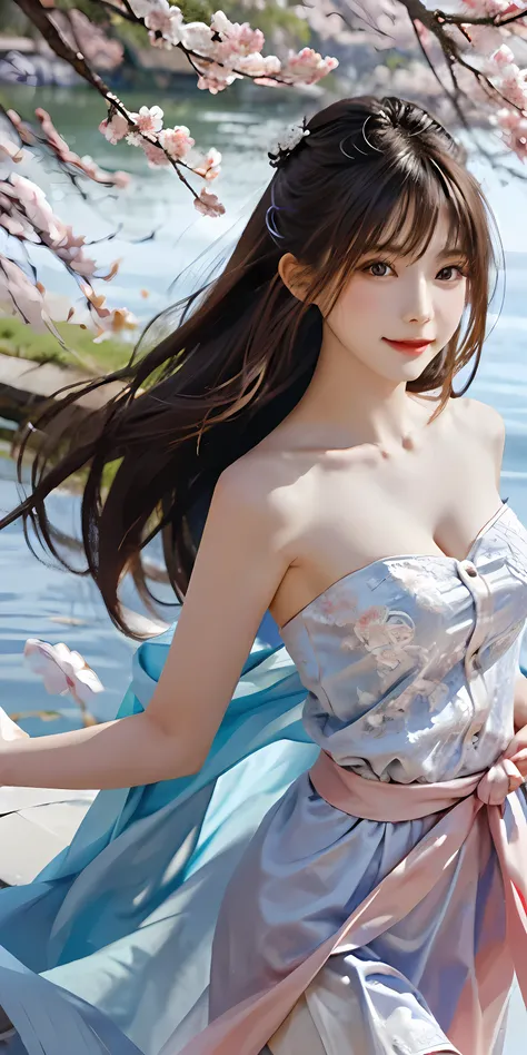 masterpiece,real picture,(alone) Real light and shadow，HDR backlight，rim light，Shallow depth of field，reddish brown long straight hair，elegant chinese beauty,Smile,Dancing by the lake, Wearing a strapless cardigan dress，Light reflected on her skin，The bree...