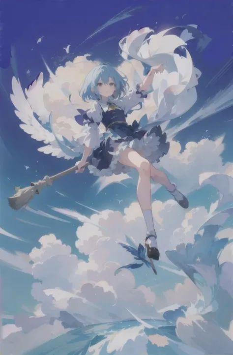 anime girl flying on a broom in the sky with a broom, bruxa celeste, do desejo, nuvens de anime, high definition anime art, lindas nuvens fofas. anime, Guweiz, papel de parede de anime, touhou, Animes de arte inicial , arte de anime limpa e detalhada, Arte...