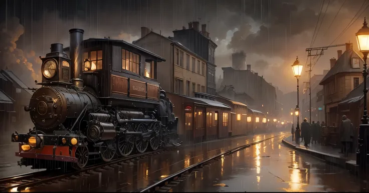 A steampunk train in 1908 the weather is raining in the little station streets and old steampunk buildings around with the eiffel Tower in the background