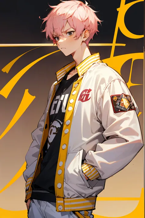 1male, teenager, pink hair, short hair, black eyes, white undershirt, basketball court background, detailed background, expressionless, ((whiteand yellow clothing)), hands in pockets, (((letterman jacket))), annoyed expression