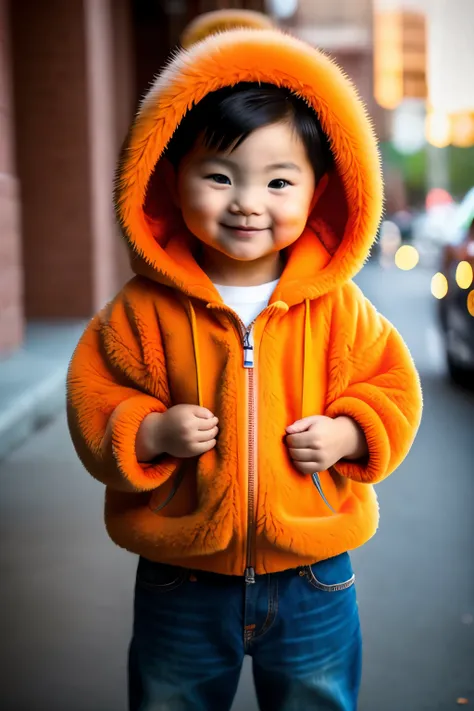 A 5-year-old Korean boy, dressed in a red hoodie and jeans, stands on the sidewalk holding an orange kitten delicately with both hands. The boys curious expression as he looks at the camera is captivating, with his dark eyes shining brightly. The kitten, w...