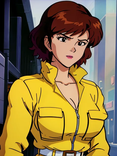 straight-on, upper body, solo, BREAK
CARTOON_April_ONeil_TMNT_ownwaifu, www.ownwaifu.com,
brown hair, short hair, breasts, brown eyes, large breasts, lips, makeup, collarbone, lipstick,
cleavage, sleeves rolled up, yellow jumpsuit, watch, unzipped, zippe...