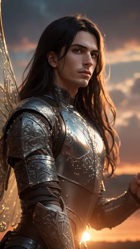 (masterpiece), (extremely intricate:1.3), (best quality:1.5, realistic), portrait of a man, (medieval armor), metal reflections, upper body, outdoors, intense sunlight, far away castle, professional photograph handsome man detailed, (long dark hair, dynami...