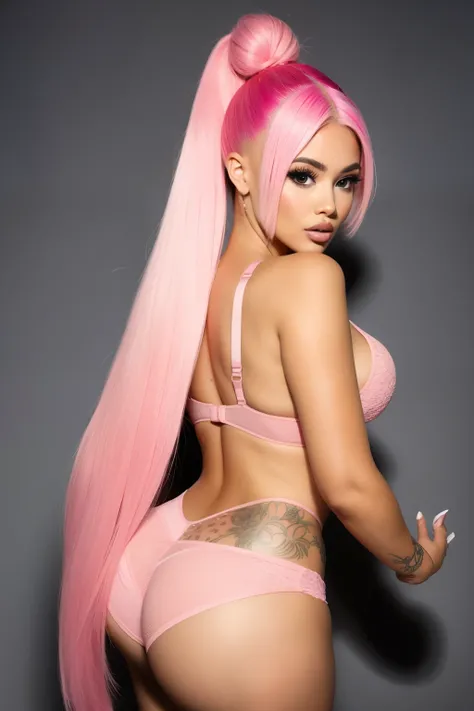 a woman with pink hair wearing a bra, beautiful hyper real photo, anime vibes, doll, pastel light pink very long hair, fetish, heart shaped face, see, gogo : :, hair bun, beautiful symmetric body, she, of