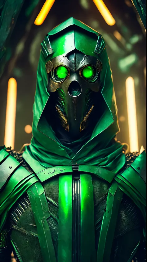 breathtaking cinematic science fiction photo of a portrait of a non human masked Grim wrapped in green chrome metal skin, body full glowing metrics inside, glowing multicoloured eyes, multifaceted eyes, metallic arms, inside a destroyed building, extremely...