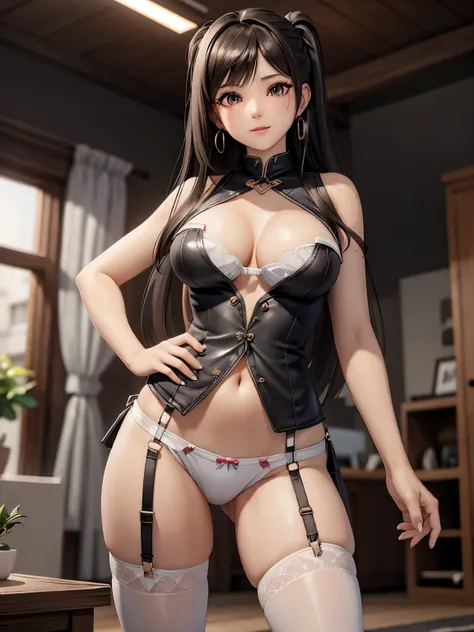 kokoro (doa) ,dead or alive ,3d (artwork) ,blender ,highres ,1girls ,areolae ,breasts ,dark brown hair ,dark hair ,day ,earrings ,female ,female focus ,female only ,french nails ,garter belt ,gray eyes ,large breasts ,long hair ,looking at viewer ,navel pi...