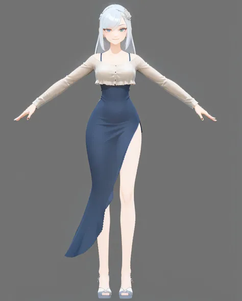 a close up of a person in a dress with a long skirt, anime vtuber full body model, standing elegant pose, cloth sim, full body female, single character full body, neutral pose, female full body, fully body pose, full body single character, elegant smiling ...