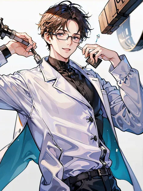 A male, pale,glasses, curly hair, brown hair, black eyes, young, boy, white background, scientist coat, wide smile, scientist, laboratory, crazy, chemistry, white shirt, holding poisons, chemicals