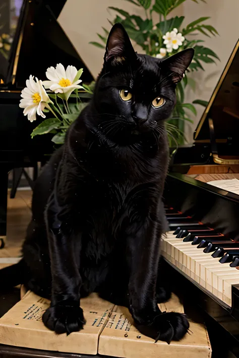 black cat and flowers and piano