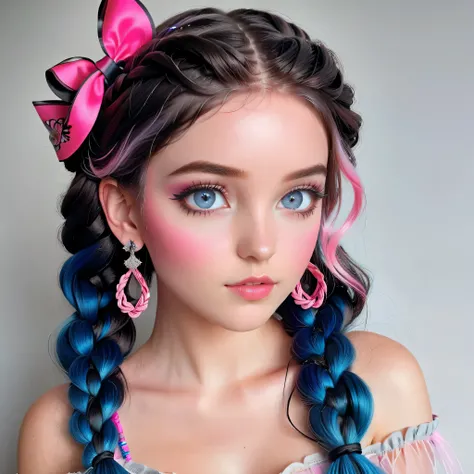 Create the image of a young girl with an ethereal look, look ilustrado. Her skin is smooth, marrom rico, e ela tem grande, olhos azuis expressivos. Her hair is styled in thick braids that are black with vibrant pink highlights... Um arco grande, Also Pink,...