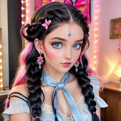 Create the image of a young girl with an ethereal look, look ilustrado. Her skin is smooth, marrom rico, e ela tem grande, olhos azuis expressivos. Her hair is styled in thick braids that are black with vibrant pink highlights... Um arco grande, Also Pink,...