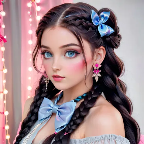 Create the image of a young girl with an ethereal look, look ilustrado. Her skin is smooth, marrom rico, e ela tem grande, olhos azuis expressivos. Her hair is styled in thick braids that are black with vibrant pink highlights... Um arco grande, Also Pink,...