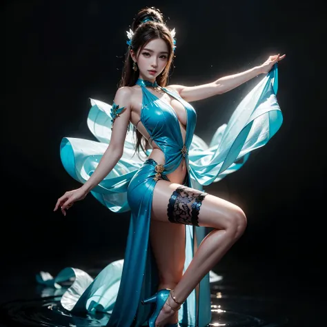 "A full-body photo of a woman, flowing down from three thousand feet, resembling a galaxy descending from the heavens. She is wearing a water-blue translucent gown that looks like flowing water. She embodies a fairy-like figure immersed in the world of mar...