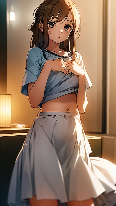 ((masterpiece)), ((best quality)), ((4k)), girl, pinch hemline of shirts, lift hemline of shirts, show glimpse of belly button