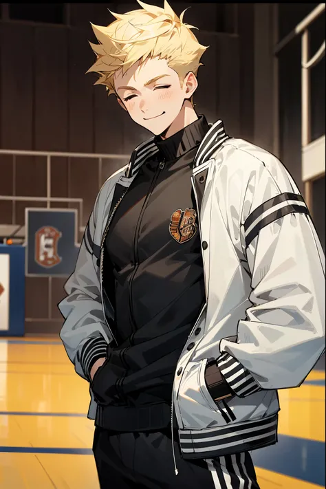 1male, teenager, blonde hair, short spiked hair, black eyes, (muscular), black undershirt, (basketball court), detailed background, ((black and white clothing)), hands in pockets, (((letterman jacket))), smiling, closed eyes