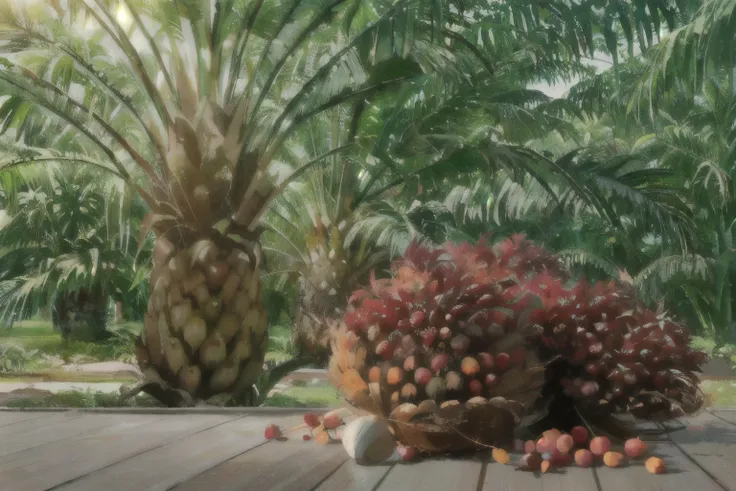 a close up of a bunch of palm oil fruits on a wooden table, date palm trees, the palms come from the ground, date trees, tree palms in background, exotic trees, malaysian, palm trees in the background, sumatraism, palm skin, palmtrees, malaysia jungle, dri...