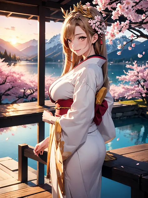 Asuna, masterpiece, best quality, detailed, (1 girl), alone, detailed golden eyes, long hair, permanent, Be close to the audience, (detailed kimono), Happy smile, Sexy figure, Plump breasts,  (Put your arms behind your back), water, Sunset, (hair accessori...