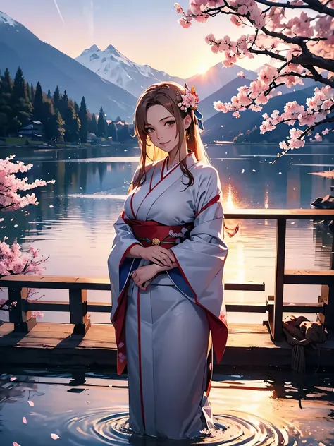 Asuna, masterpiece, best quality, detailed, (1 girl), alone, detailed golden eyes, long hair, permanent, Be close to the audience, (detailed kimono), Happy smile, Sexy figure, Plump breasts,  (Put your arms behind your back), water, Sunset, (hair accessori...