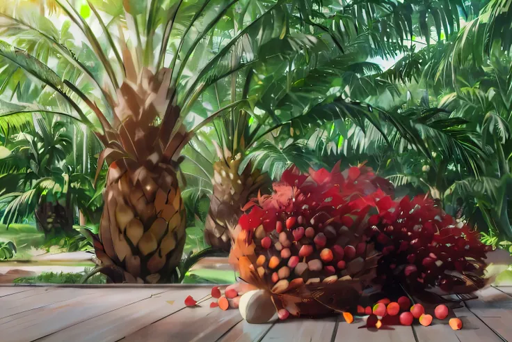 a close up of a bunch of palm oil fruits on a wooden table, date palm trees, the palms come from the ground, date trees, tree palms in background, exotic trees, malaysian, palm trees in the background, sumatraism, palm skin, palmtrees, malaysia jungle, dri...