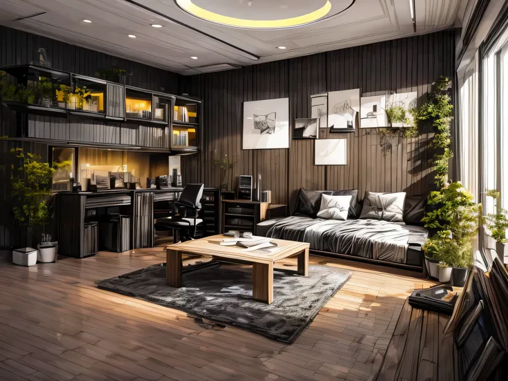 A photo of a minimalistic room in dark tones with yellow accents, dark gray floor, teal walls, black curtains, home office of a digital artist under big window in center, several small cacti on windowsill, long wide white table with two big monitors, perso...